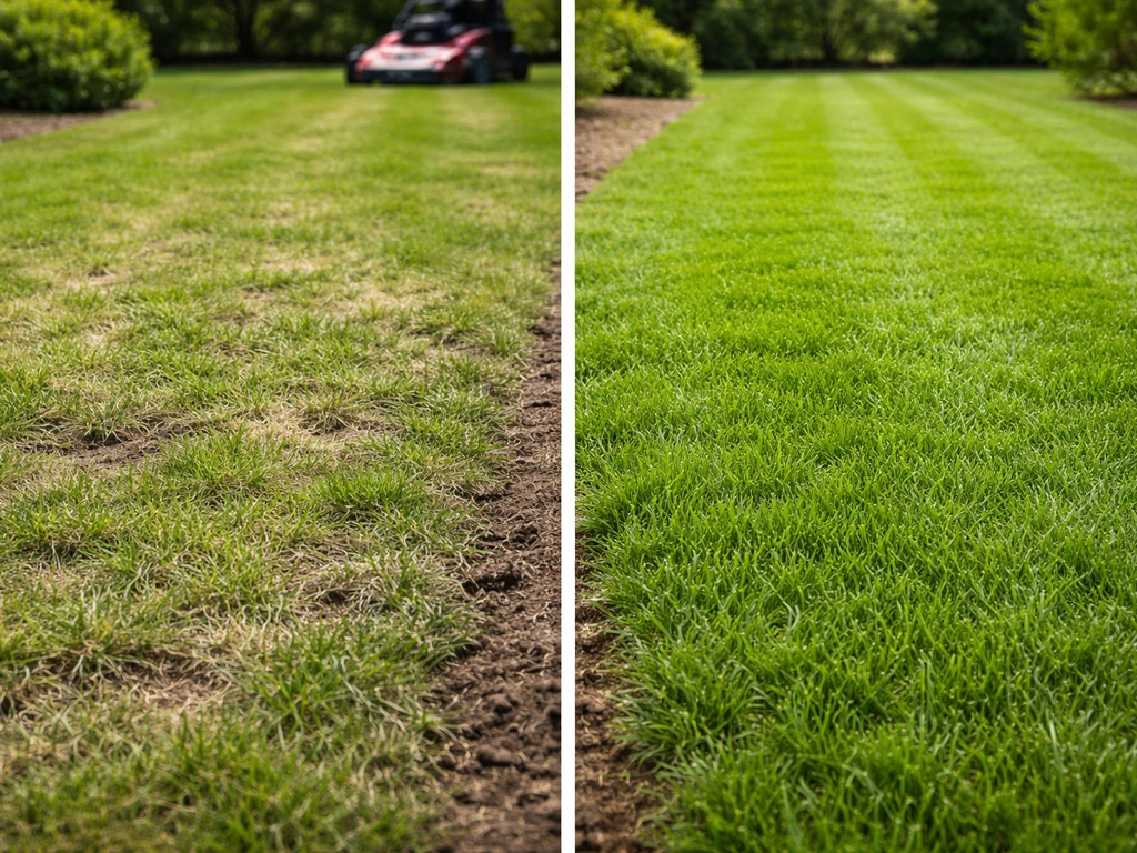 Linker deel: te kort en uitgedund gazon; rechter deel: gelijkmatig gemaaid, hersteld gras.