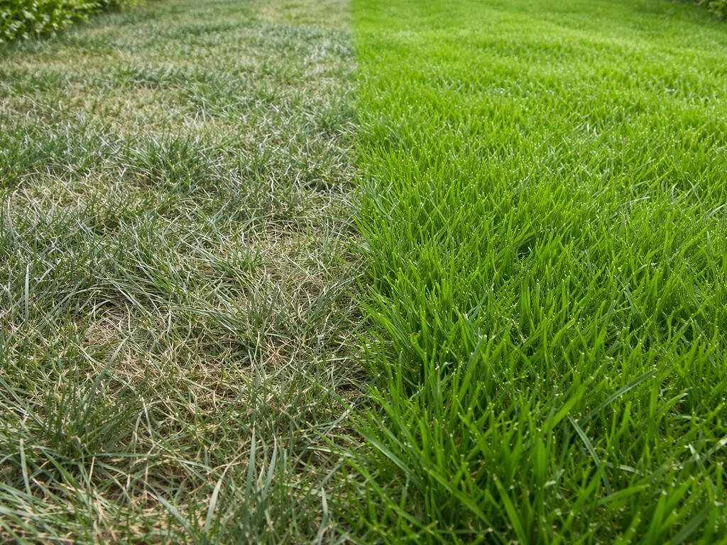 Gras dat blauwgrijs oogt naast frisgroen gras, duidelijk verschil dat wijst op dorst.