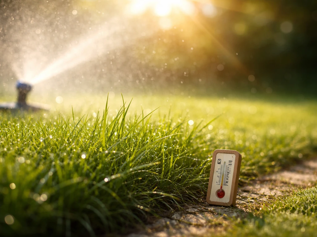 Zomergroen gazon met sproeier die waternevel over de grasrand laat vallen, warm zonlicht en een subtiel thermometertje.