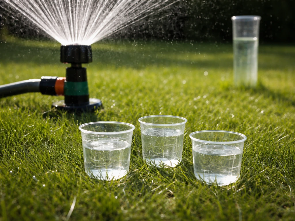 Ondiepe maatbekers onder een sproeier met zichtbaar waterniveau, in een rustige tuinsetting.