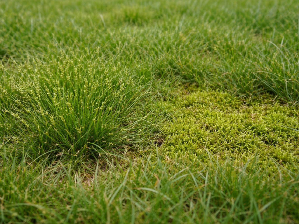 Gazon au sol avec deux zones côte à côte montrant herbe envahissante et une zone affectée par un autre problème
