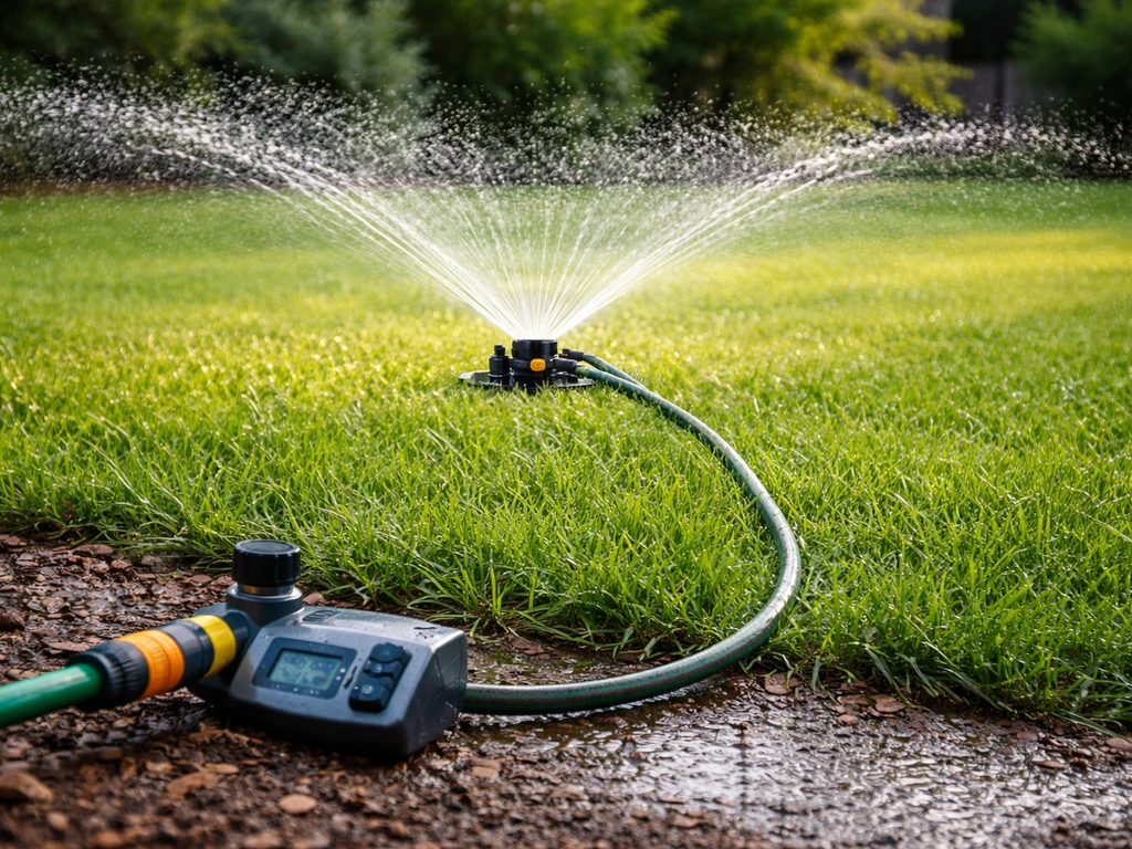 Arroseur de gazon en action avec sol humidifié et tuyau relié à un programmateur discret, sans personne.