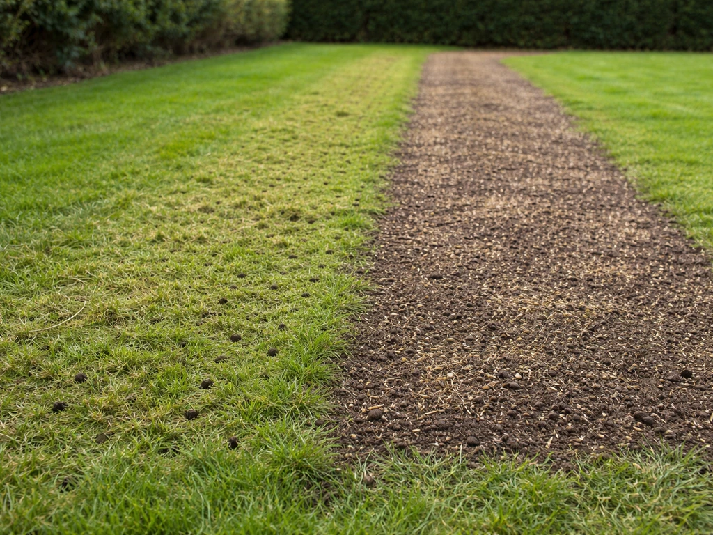 Bande de pelouse scarifiée et aérées, avec graines et terreau en surface pour réensemencer après le pâturin.