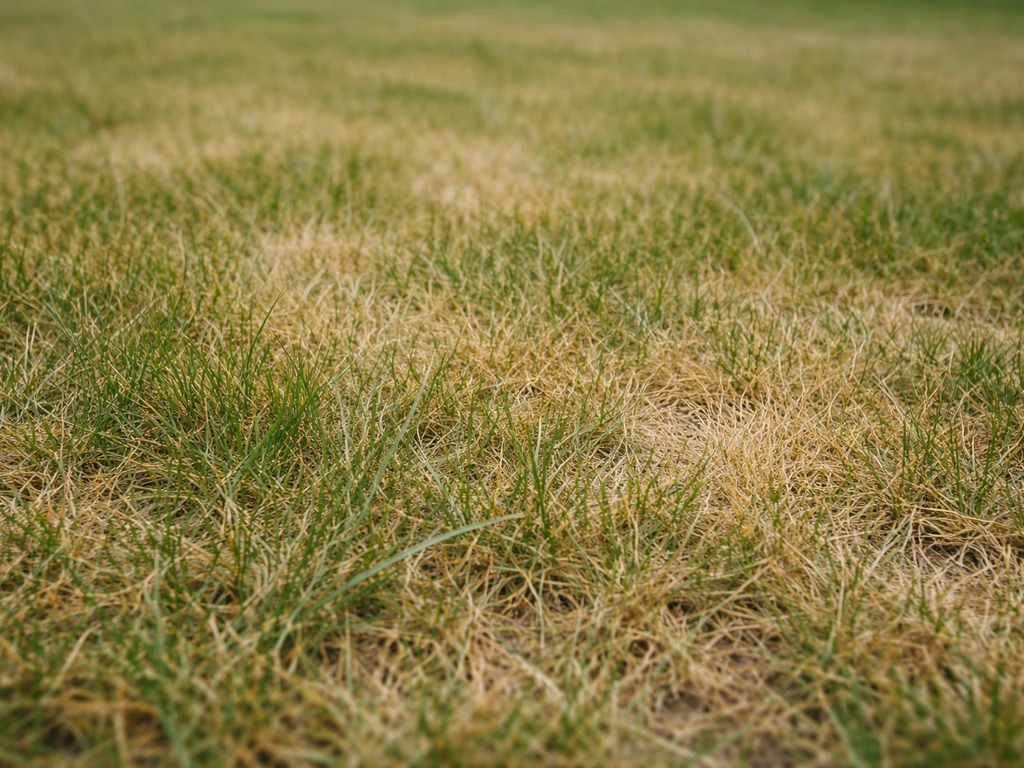 Vue rapprochée d’une pelouse irrégulière jaunissant par endroits, herbe sèche et brins verts pâlissants.