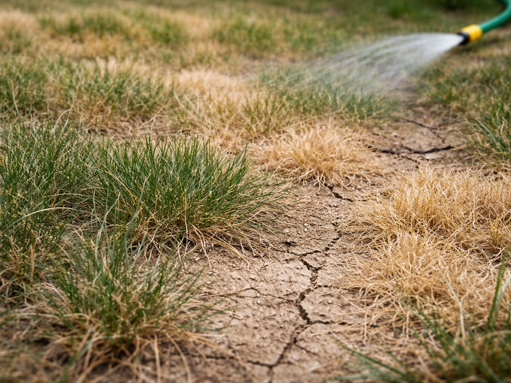Pelouse gris-vert puis jaune paille avec sol sec, un fragment de tuyau suggère l’arrosage hors champ.