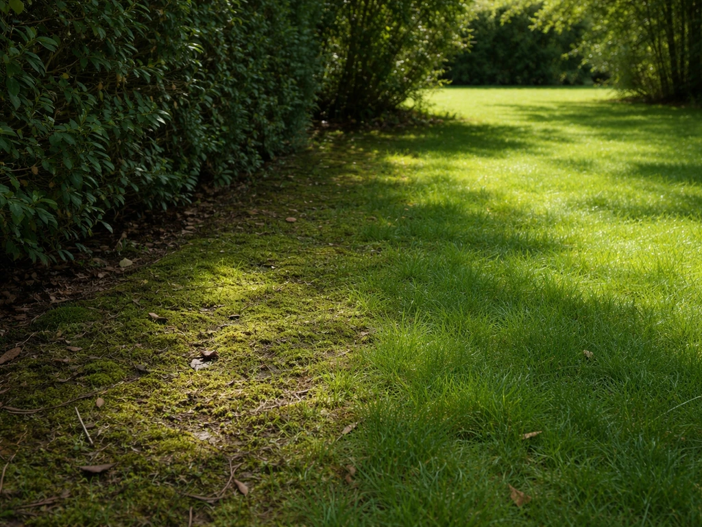 Bordure de haie avec pelouse clairsemée sous les arbres et zone plus verte au soleil, avec mousse
