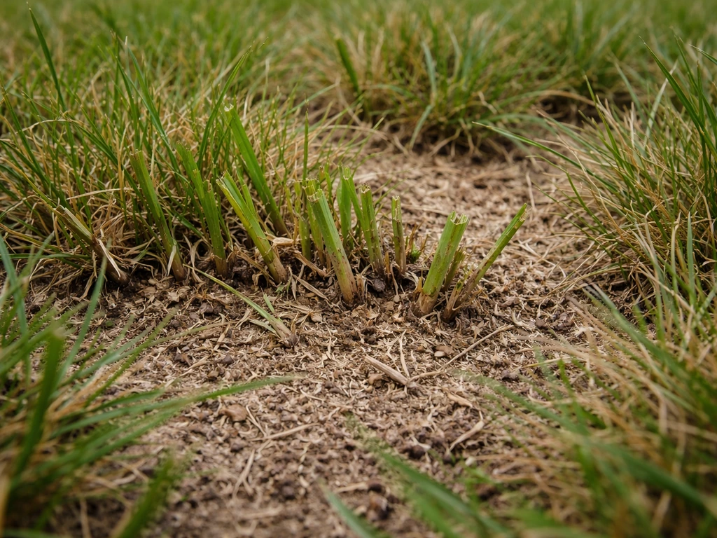 Gazon abîmé : brins d’herbe affaiblis à la base, sol clair entre les touffes, photo rapprochée réaliste.