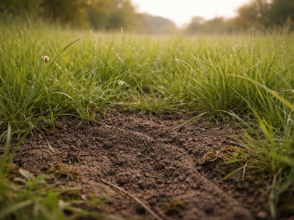Champ de graminées au printemps avec sol visible, illustrant le cycle de la pyrale des prés et les périodes critiques