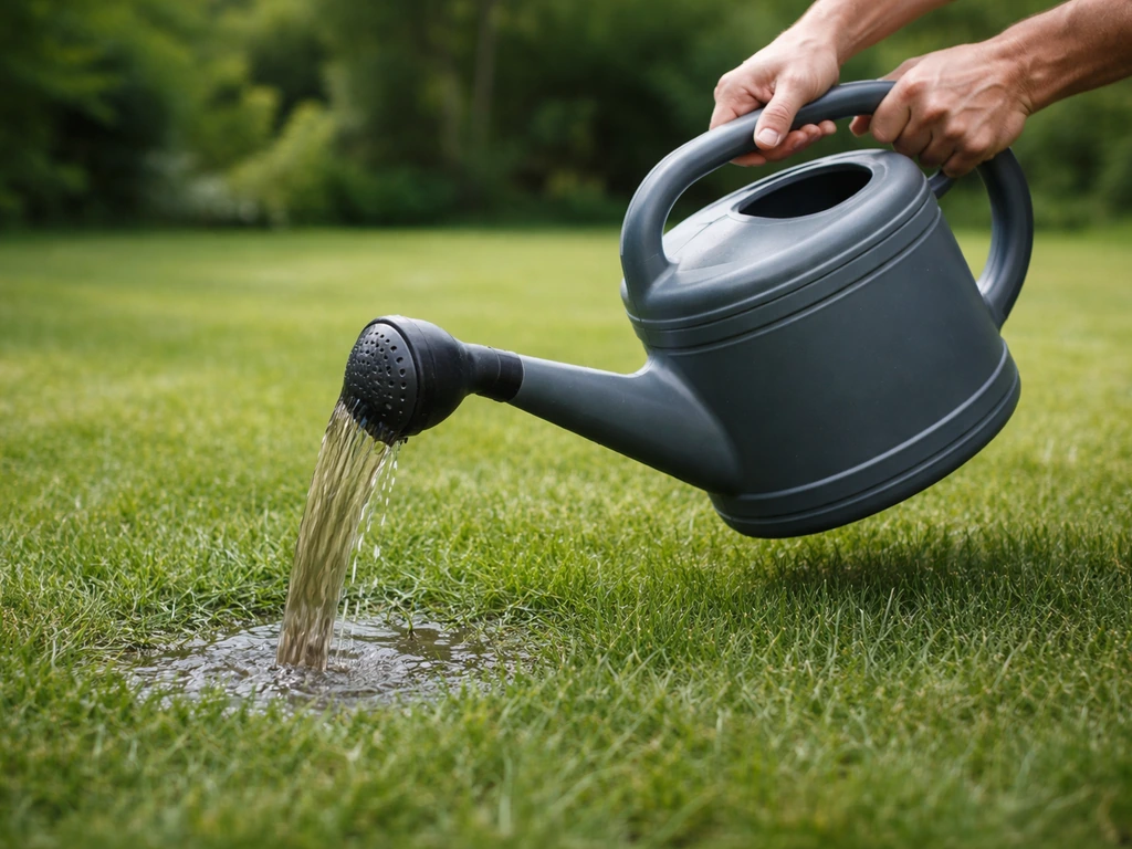 Mains versant un liquide depuis un arrosoir sur une pelouse humide, arrosage contrôlé au jardin.