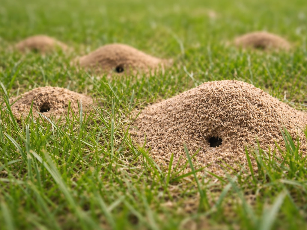 Gros plan sur des petits monticules de sable et des orifices dans une pelouse, avec de l’herbe autour.
