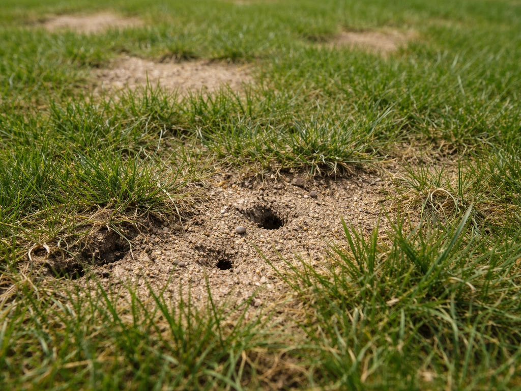 Pelouse abîmée avec zones jaunies et petits passages où le sol est dégagé par des galeries de fourmis.