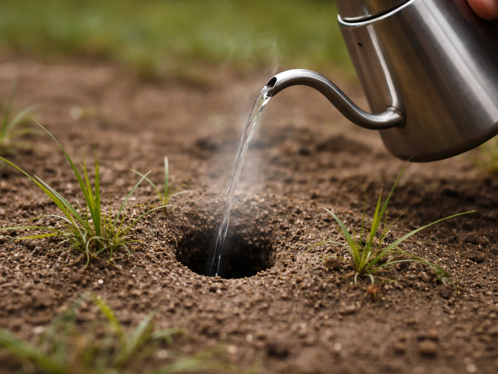 Un filet d’eau très chaude est versé avec précision au-dessus de l’ouverture d’une petite fourmilière.