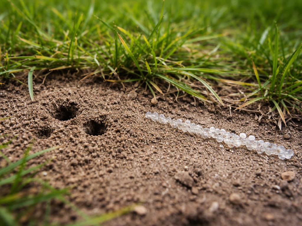 Gel ou granulés insecticide appliqués près d’une entrée de fourmilière, sur le gazon, lumière naturelle.