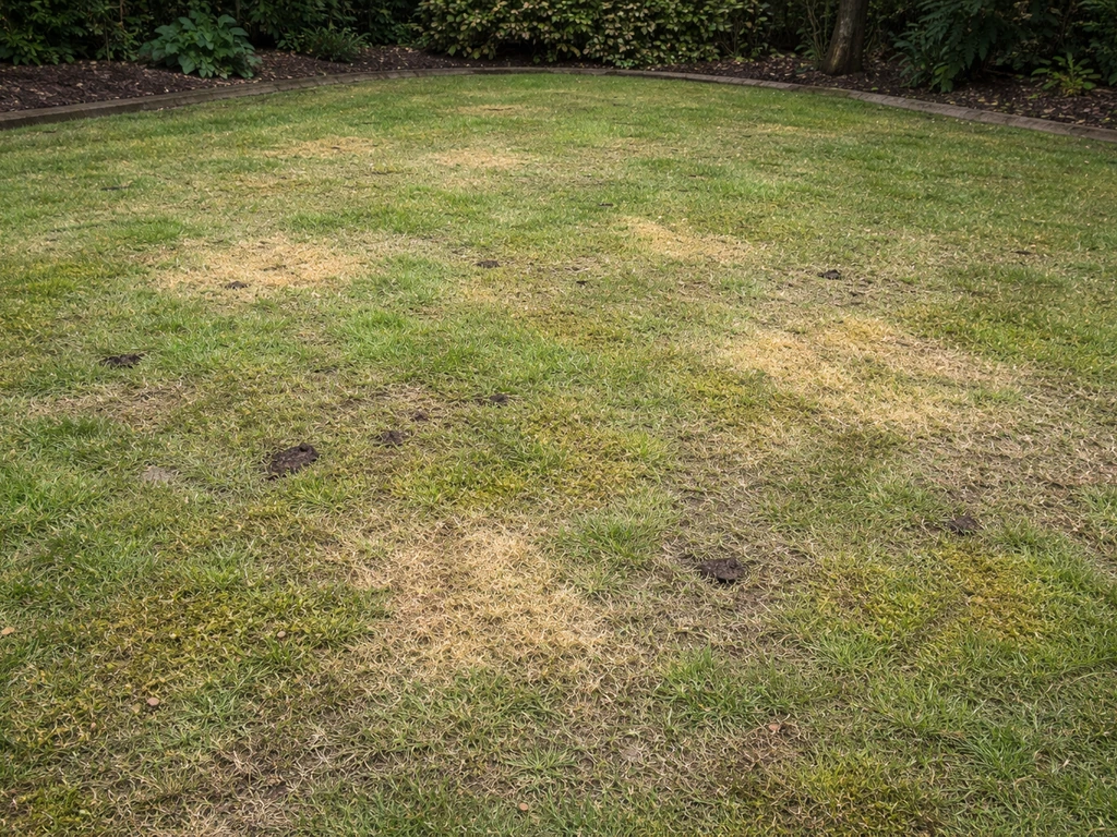 Pelouse française dégradée avec zones jaunies, mousse et petits trous, vue d’ensemble jardin au naturel.