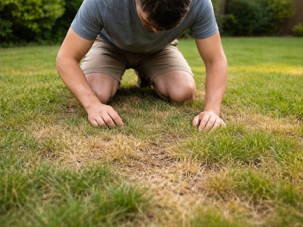 Personne à genoux inspectant un gazon, repérant des zones clairsemées et une texture abîmée au sol.