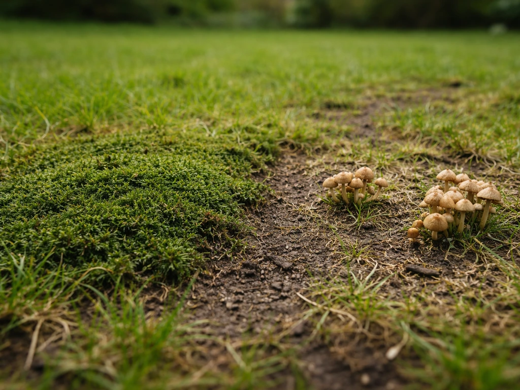 Gazon au ras du sol montrant une zone de mousse et une zone avec filaments de champignons.