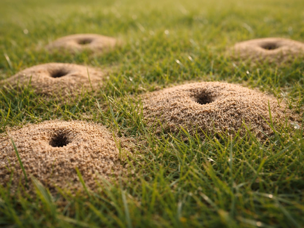 Petits monticules de terre et minuscules trous de fourmilière dans une pelouse verte, gros plan naturel.