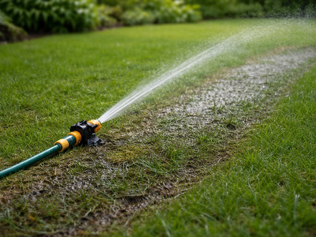 Arrosage d’une zone de gazon avec un tuyau et sol bien humidifié, pour illustrer une action immédiate.