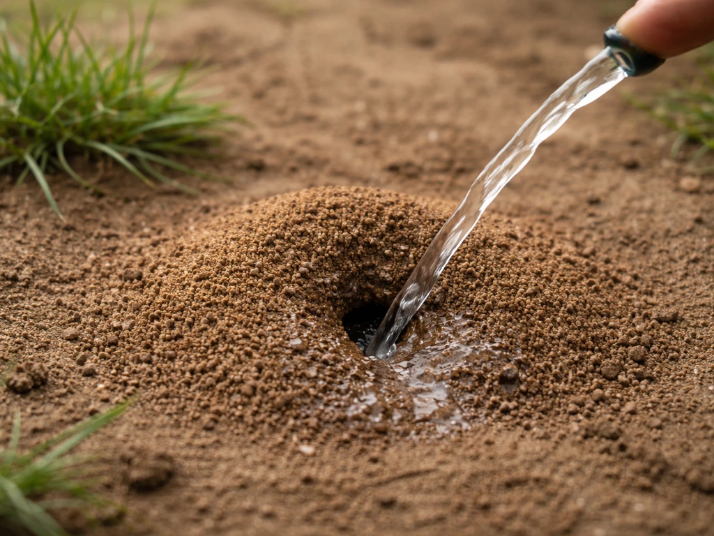 Eau versée à l’entrée d’une fourmilière, scène naturelle et discrète, sans danger, en pleine terre