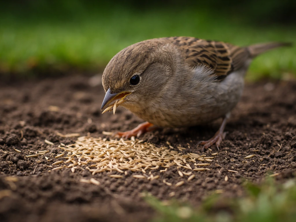 Un oiseau picore des graines de gazon fraîchement épandues sur la terre d’un jardin.