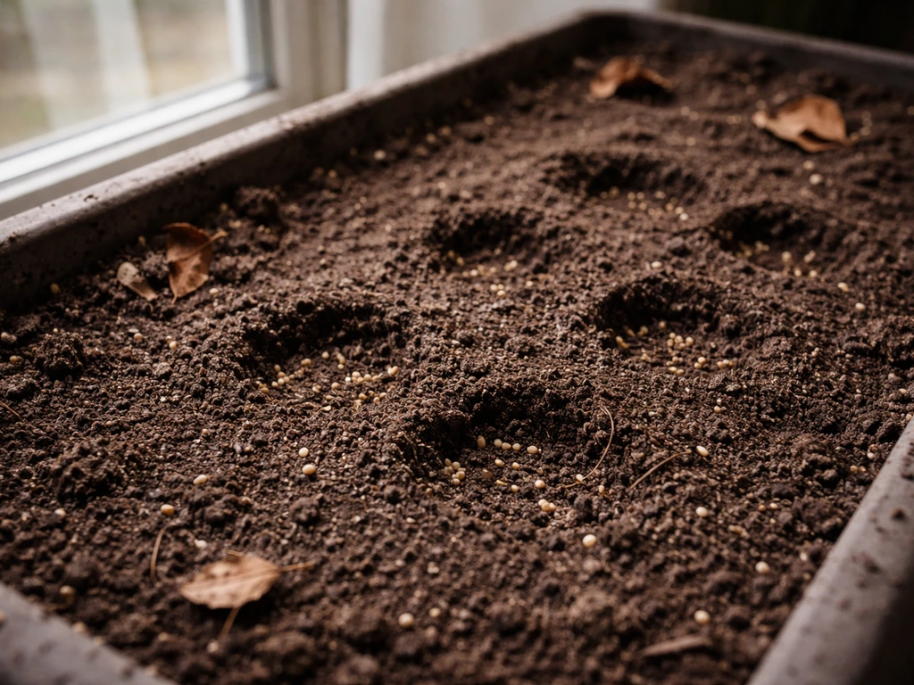 Petit potager au bord d’une fenêtre : graines semées avec petits trous et traces de coups de bec visibles dans la terre