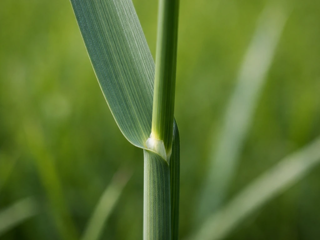 Macro d’une feuille de pâturin dans la pelouse, vert bleuté, nervures fines et ligule courte visible.