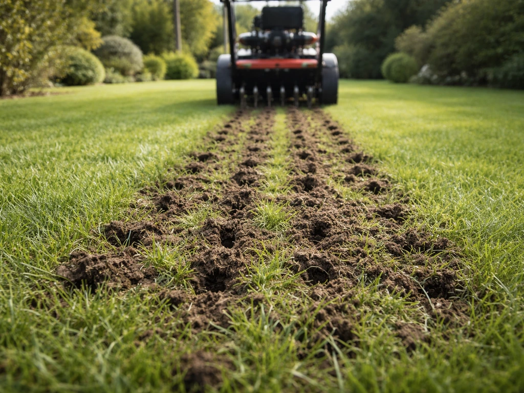 Pelouse en cours d’aération : l’aérateur ouvre le sol et fait apparaître la terre entre les brins d’herbe.