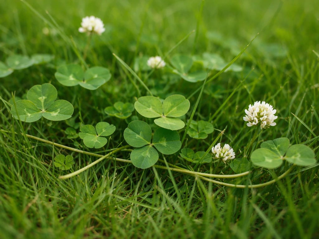 Gros plan sur du trèfle blanc rampant avec feuilles trifoliées et stolons dans une pelouse
