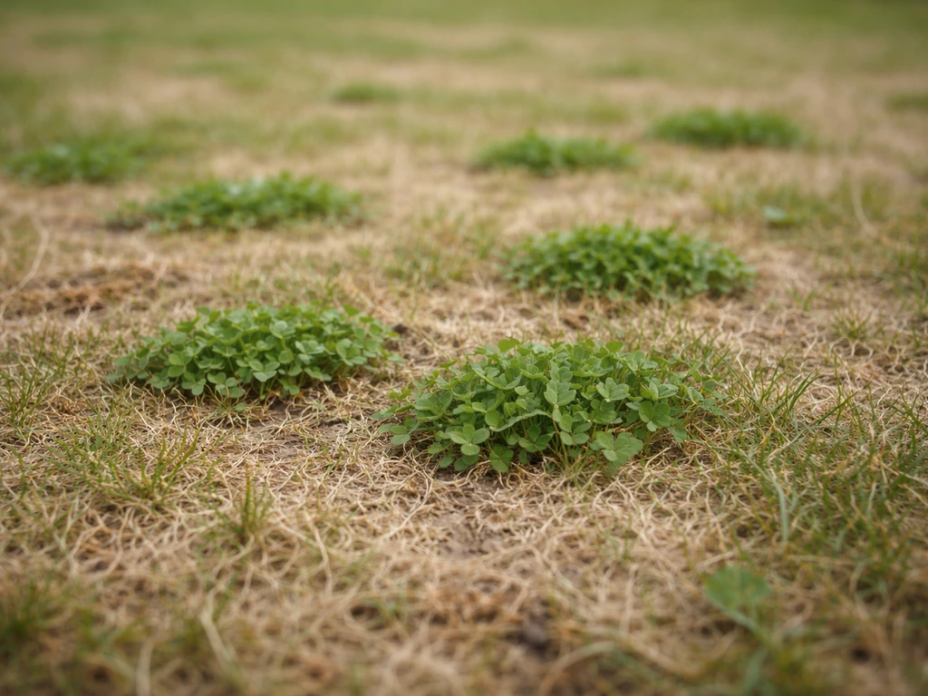 Trèfle au ras du sol dans une pelouse clairsemée, feutrage visible et zones plus pâles autour.