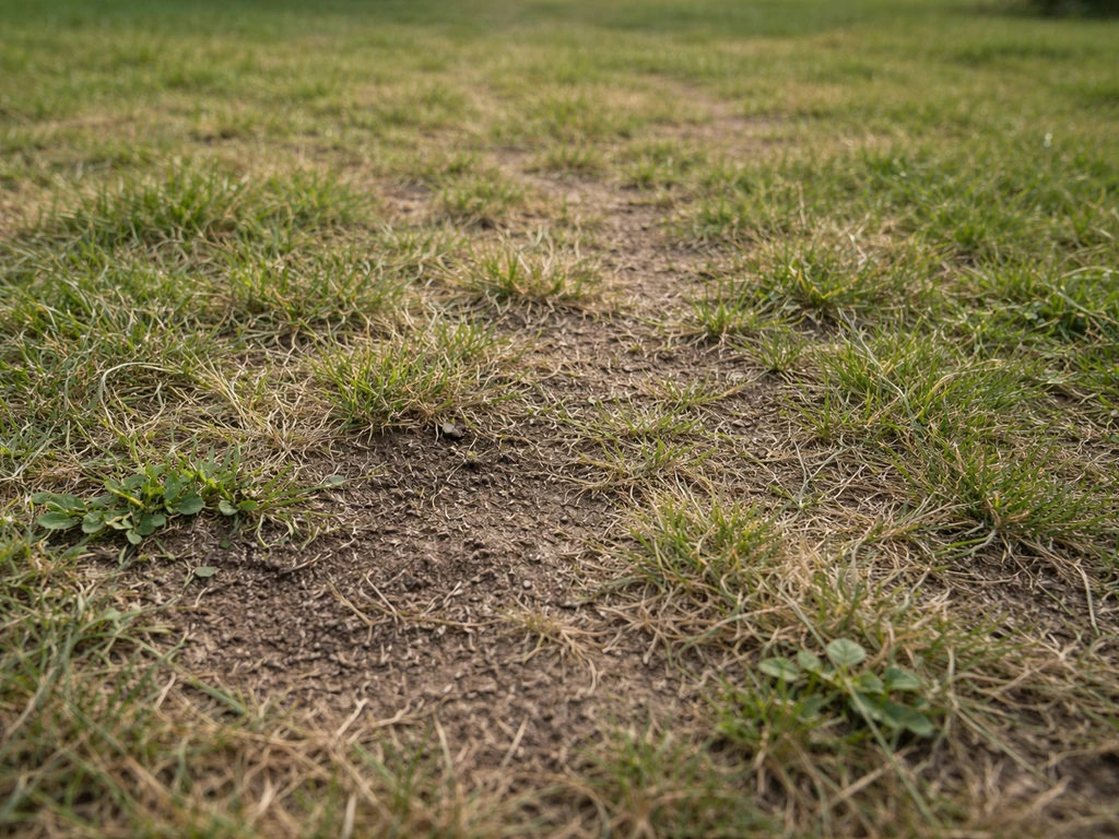 Pelouse clairsemée avec sol feutré et zones compactées où le trèfle apparaît.