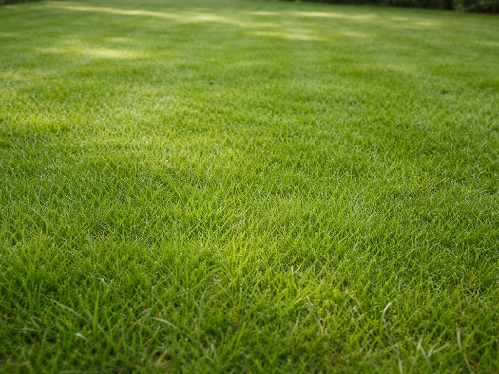 Pelouse dense et homogène après aération et sursemis, texture régulière limitant l’arrivée du trèfle.