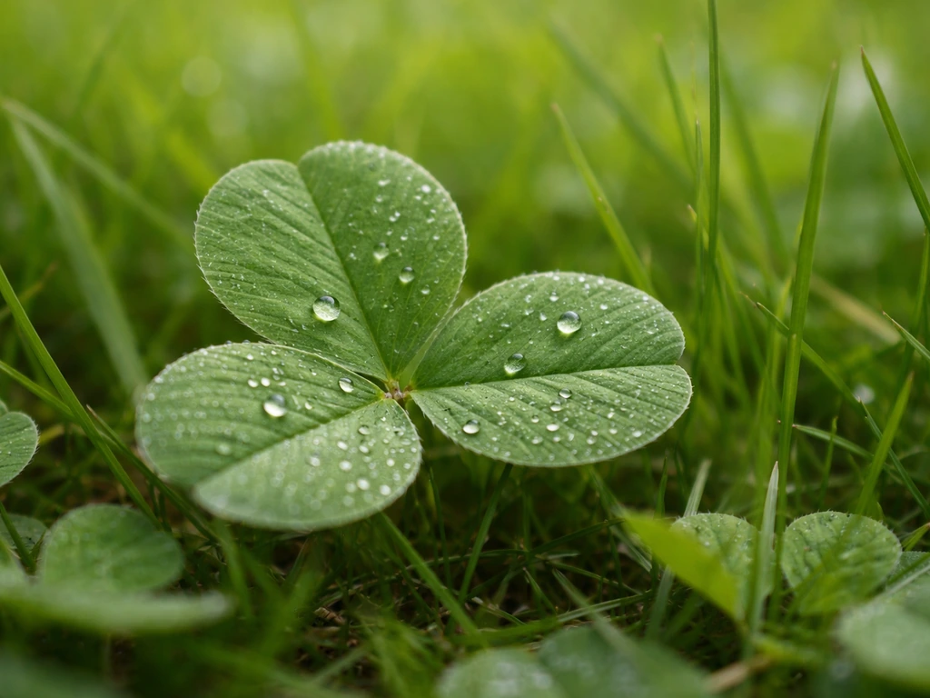 Gros plan sur une feuille de trèfle blanc dans un gazon, avec des brins d’herbe en arrière-plan flous.