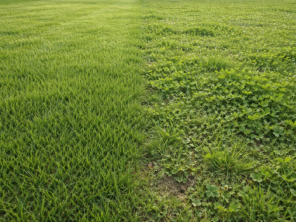 Pelouse divisée en deux zones : gazon uniforme sans trèfle et zone où le trèfle devient dominant.