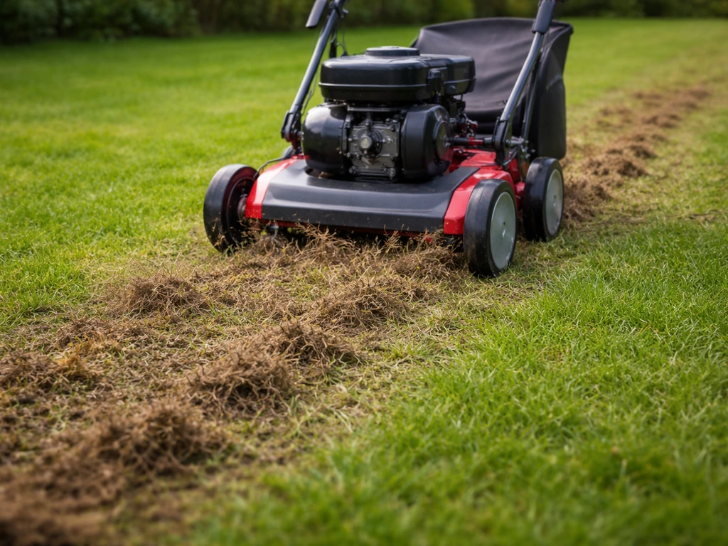 Machine de scarification dans un gazon, feutrage brun débris à la surface, préparation du lit de semence.