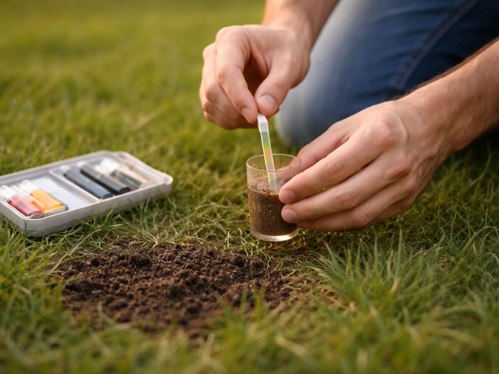 Mains d’une personne testant le pH du sol sur une pelouse avec un petit kit et un godet.
