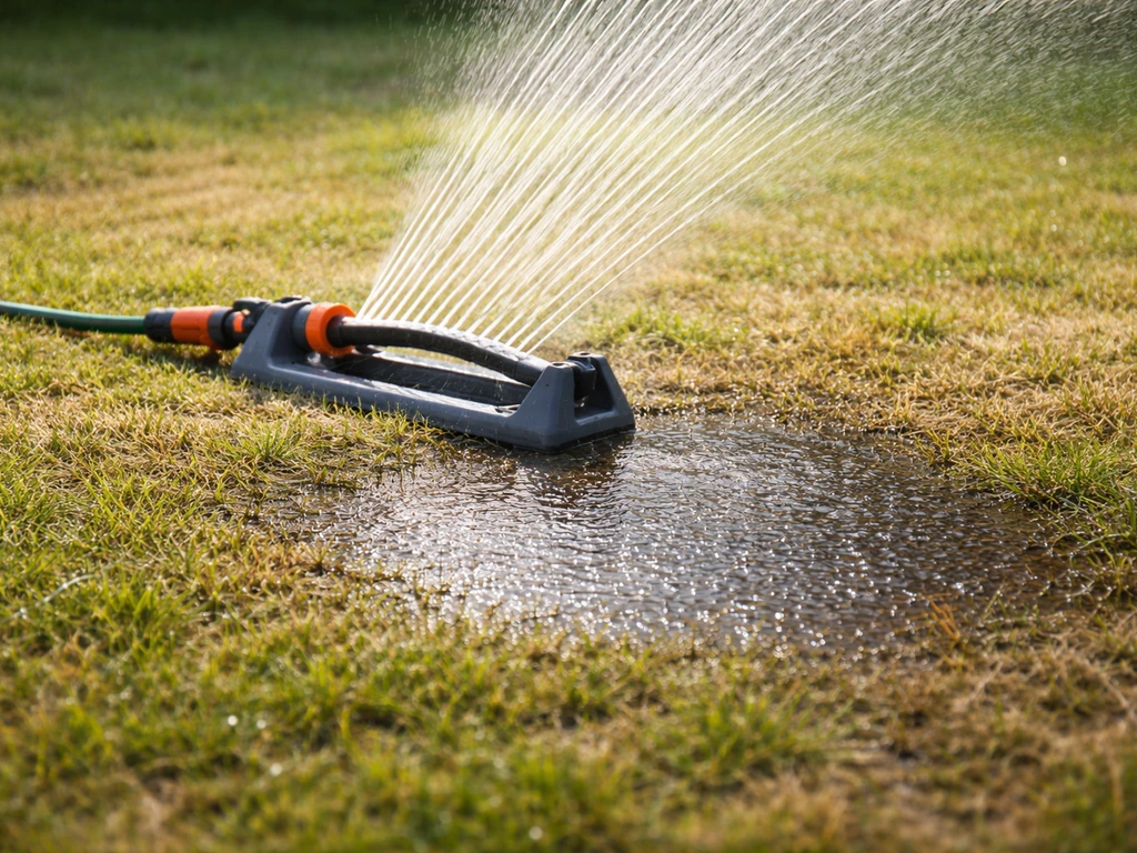 Arroseur de jardin en fonctionnement sur sol sec, zone d’humidification visible au premier plan.