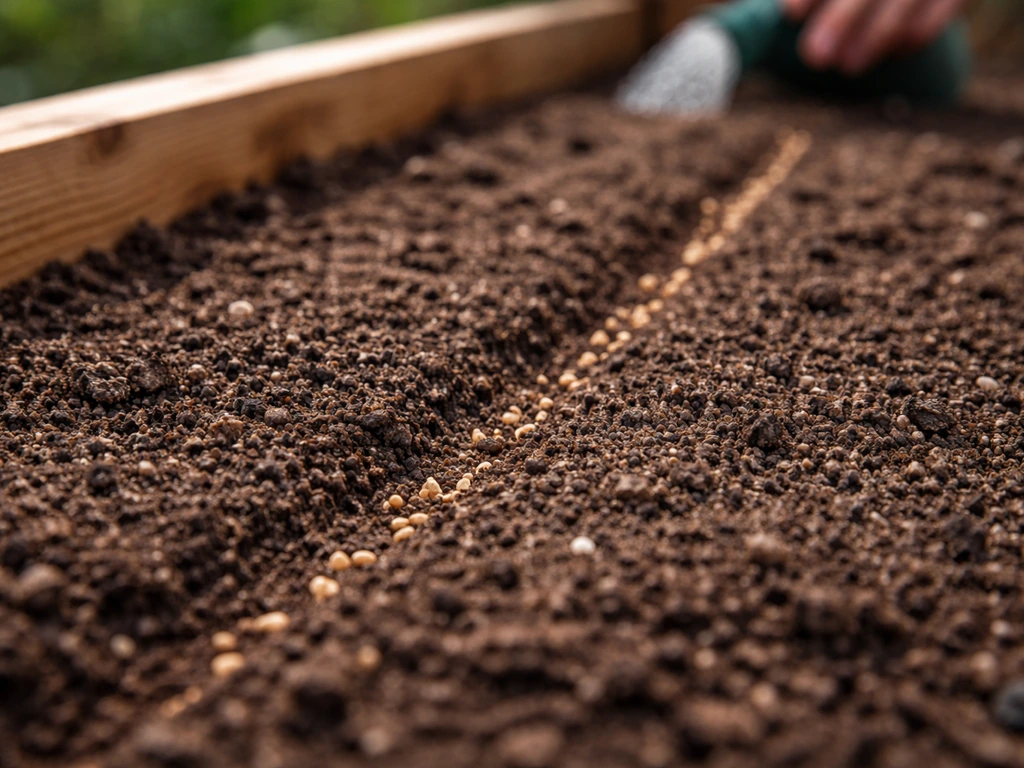 Graines récemment semées recouvertes d’une fine couche de terreau, gros plan sur le sol du jardin