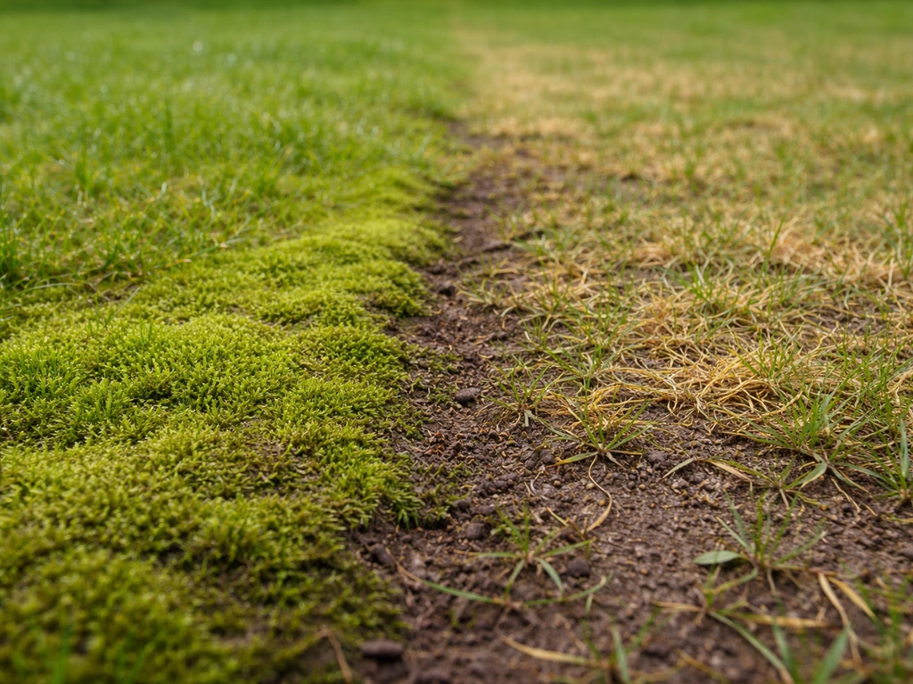 Pelouse jeune avec une bordure nette : mousse verte envahissante et zones où le gazon reste clairsemé