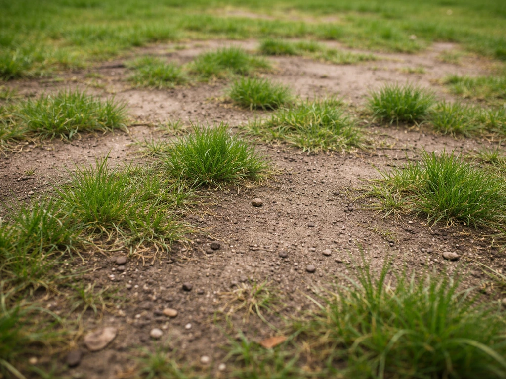 Gazon abîmé et clairsemé, zones dénudées avec quelques brins d’herbe encore verts au sol.