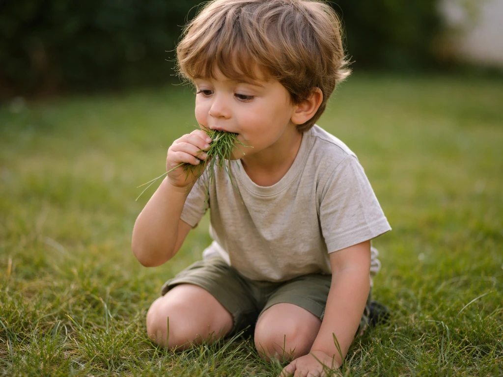 Enfant dans un jardin met de l’herbe à la bouche, pelouse en arrière-plan, atmosphère naturelle.