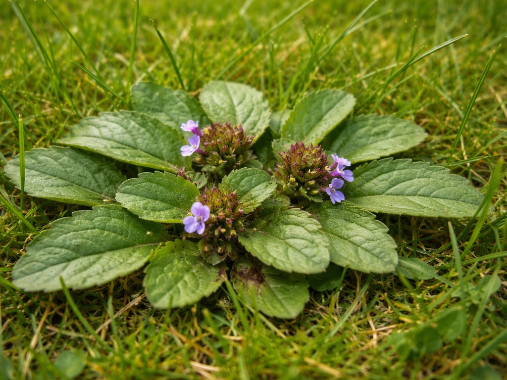 Rosette de brunelle commune dans une pelouse, vue de près avec floraison discrète au ras du gazon.