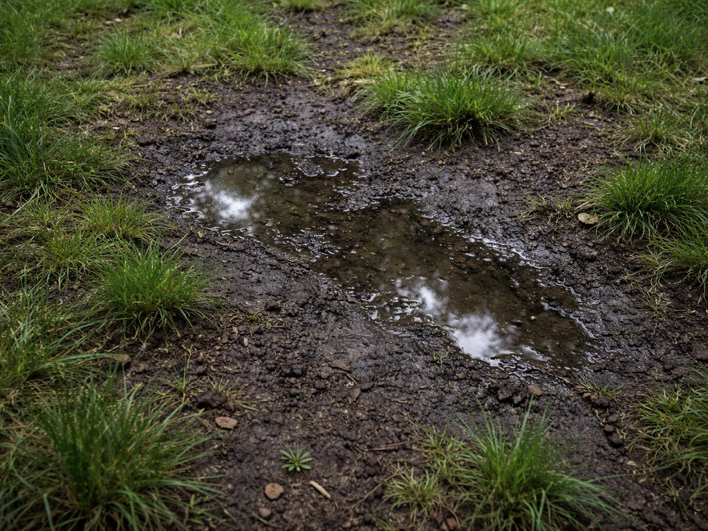 Pelouse sombre et clairsemée avec eau stagnante au sol, herbe fraîche autour indiquant un sol trop humide.