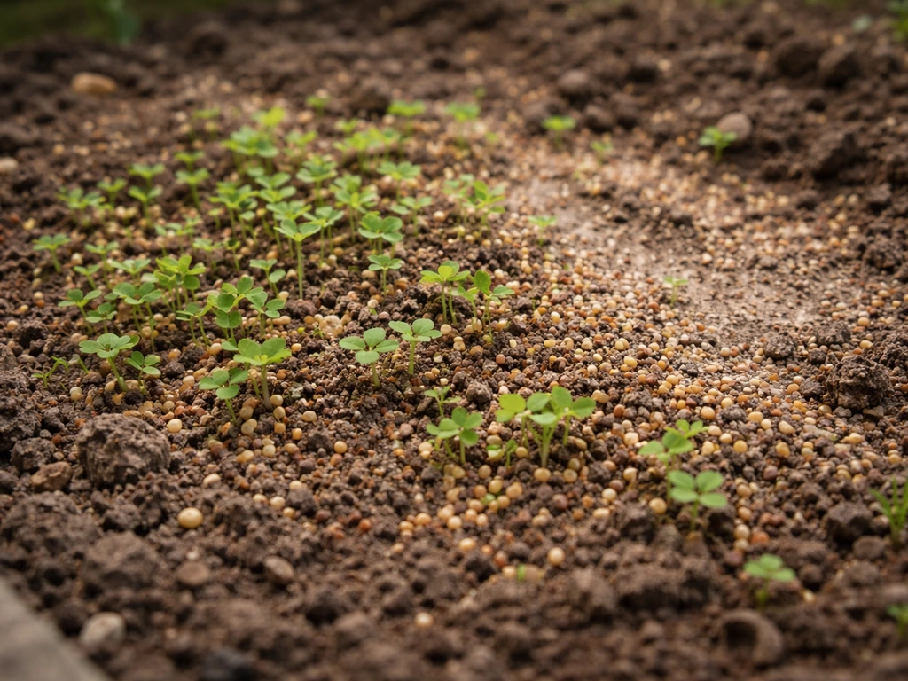 Graine de trèfle dans le sol, gros plan sur un contact sol-graines imparfait et irrégulier