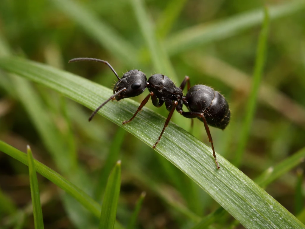 Plan rapproché d’une fourmi noire des jardins sur une lame d’herbe, montrant sa taille et sa couleur sombres.