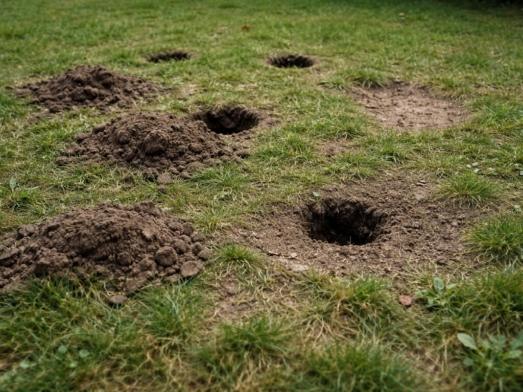 Gazon avec petites buttes, trous ronds et zones clairsemées, visibles comme dégâts au sol.