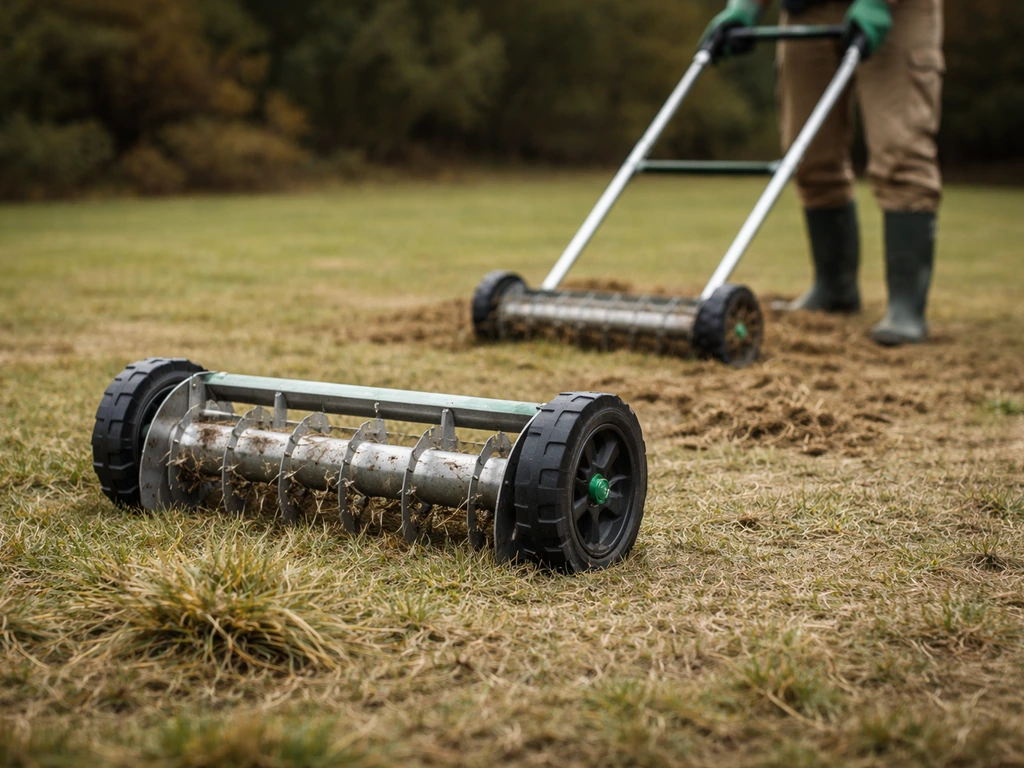 Outil d’aération et scarification sur un gazon fin de saison, feutrage visible et pelouse décompactée.