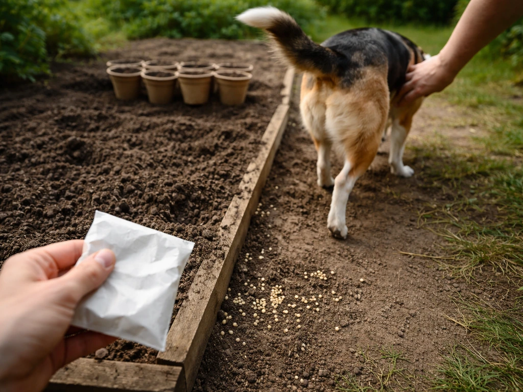 Un chien s’éloigne d’une parcelle de semis, pendant qu’une main récupère un sachet de graines près du sol.