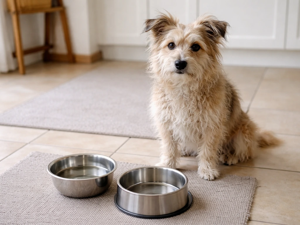 Chien près d’une gamelle et d’un bol d’eau, scène calme de surveillance à domicile après ingestion.