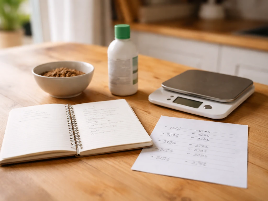 Table de cuisine avec carnet annoté, étiquette de produit et balance, près d’un bol de graines