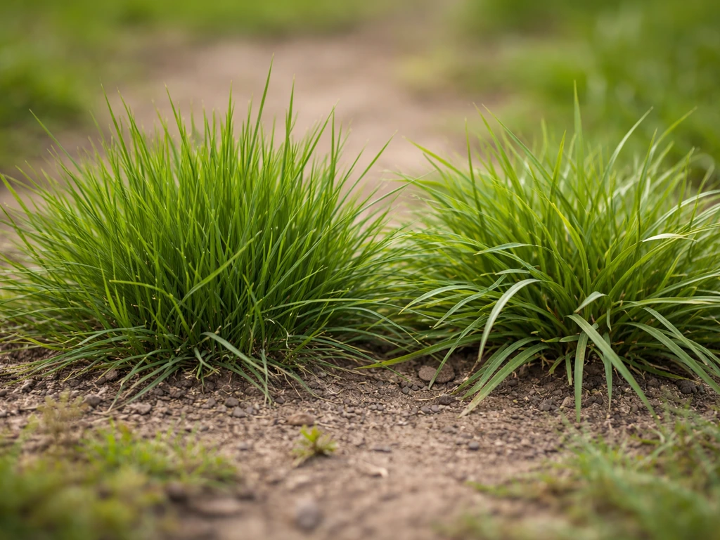 Gros plan sur des brins d’herbe finement texturés, comparant l’aspect de graminées de pelouse dont le pâturin des prés.